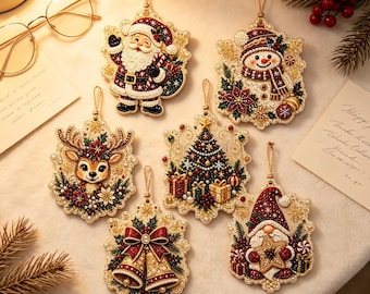 Diamond Art Painting Kit,6‑Pack Wooden Christmas Character Ornament DIY Craft Set,Xmas Tree Hanging Decor