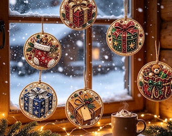 Diamond Art Painting Kit, 6‑Pack Wooden Christmas Gift‑Box Ornament DIY Craft Set, Xmas Tree Hanging Decor