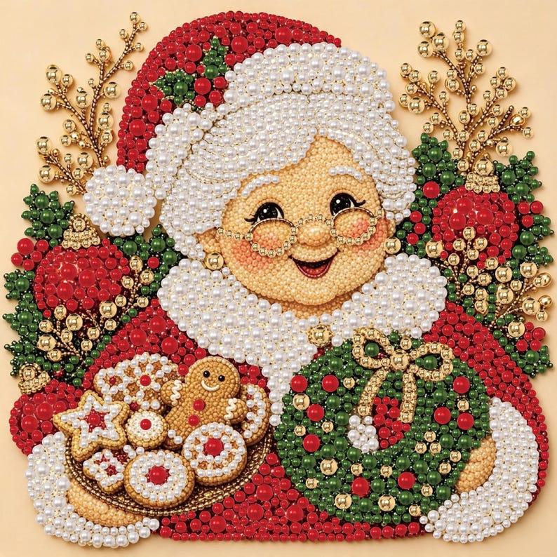 May include: A decorative craft piece featuring a smiling Mrs. Claus figure adorned with white, red, and green beads. She wears a red hat and holds a plate of cookies and a green wreath. The design is embellished with gold accents and pearl-like beads.