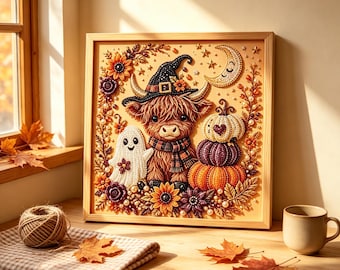 Diamond Painting Kit, 3D Faux‑Pearl Autumn Harvest DIY Craft, Whimsical Farm Creature, Pumpkin & Floral Moon Scene Wall Art, No Frame
