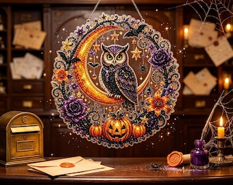 Diamond Art Painting Kit, Halloween Owl Moon Acrylic Hanging Ornament, DIY Gothic Pumpkin Floral Wall Hanging Craft Kit, Home Decor Gift
