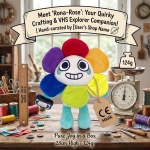 Puede incluir: Un peluche con forma de flor con una cara sonriente y pétalos coloridos. El juguete mide aproximadamente 28 cm de alto y pesa 124 g. La imagen incluye el texto "Meet 'Rona-Rose': Your Quirky Crafting & VHS Explorer Companion!" y "Pure Joy in a Box."