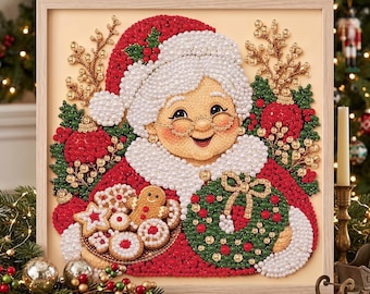 Diamond Painting Kit | Vintage Winter Elderly Lady Pearl Bead 3D Art, Christmas Gingerbread DIY Wall Decor On PVC Foam‑Board