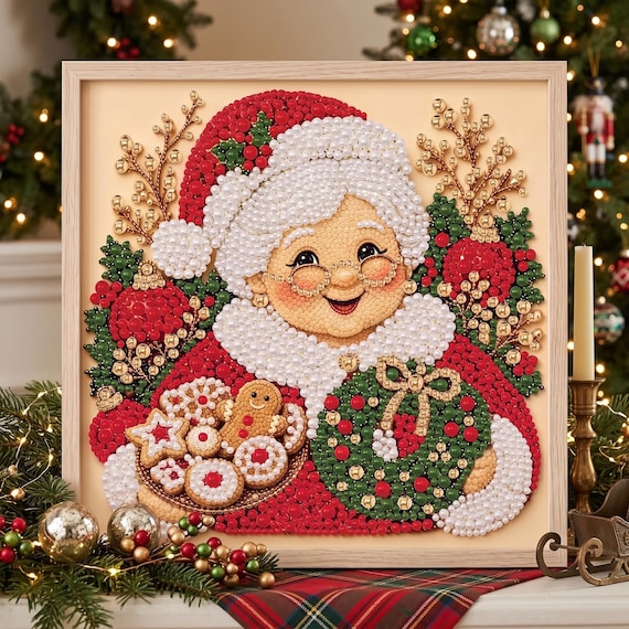 Diamond Painting Kit | Vintage Winter Elderly Lady Pearl Bead 3D Art, Christmas Gingerbread DIY Wall Decor On PVC Foam‑Board