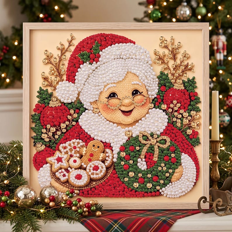 May include: A framed diamond painting of Mrs. Claus wearing a red hat and white pearl-like trim. She holds a plate of cookies and a green wreath. The artwork features red, green, and white beads, with gold accents, creating a textured holiday scene.