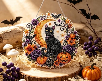 Halloween Black Cat Diamond Art Painting Kit, DIY Acrylic Hanging Wall Sign, Gothic Home Decor Craft Kit