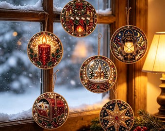 Diamond Art Painting Kit, 6‑Pack Wooden Vintage Christmas Scene Ornament DIY Craft Set, Holiday Tree Hanging Decor