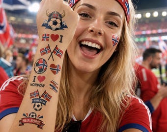 Norway Flag Temporary Tattoos - Viking & Soccer Face Stickers for Norwegian Sports Fans, Heia Norge, Syttende Mai Party Favors