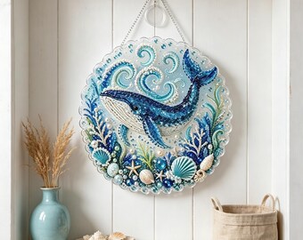 Diamond Art Painting Kit, Ocean Whale Hanging Wall Ornament, DIY Bead Mosaic Coastal Home Decor