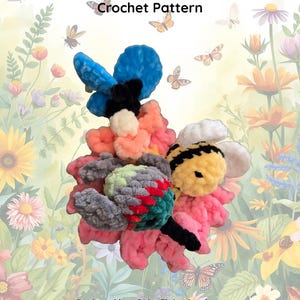 May include: A colorful crochet pattern for a mini pollinator garden. The image features a crocheted flower with a blue butterfly, a bee, and other insect-like figures. The text reads "Mini Pollinator Garden Crochet Pattern". Designed by @LisaElaineCrochets.