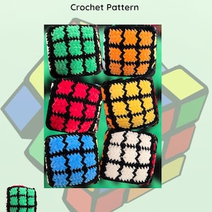 Könnte beinhalten: Eine Häkelanleitung mit dem Titel Rubik's Cube Crochet Pattern, die sechs quadratische Felder in Grün, Orange, Rot, Gelb, Blau und Weiß zeigt, jedes mit einem schwarzen Gittermuster. Der Text enthält Designed By @LisaElaineCrochets Part of The: @RetroSummerCAL.