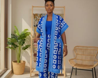 Blue Adire Kimono 3‑Piece Set