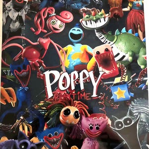 May include: A poster featuring characters from Poppy Playtime. The image is filled with various colorful, cartoonish figures, including a large, red, spider-like character and a blue monster with a wide grin. The title "Poppy Playtime" is prominently displayed.