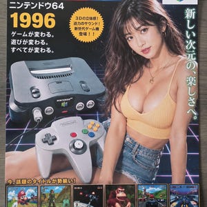Könnte beinhalten: Ein Vintage-Werbeplakat für die Nintendo 64 mit der Konsole und dem Controller, dem Text 1996 sowie Spieltiteln wie Super Mario 64, The Legend of Zelda: Ocarina of Time, Star Fox 64, Donkey Kong 64, Mario Kart 64 und F-Zero X.