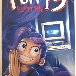 以下が含まれることがあります： 「Poppy Playtime 5」のポスター。紫色の髪と大きな笑顔の漫画のキャラクターが特徴です。タイトルは白と赤で、背景にはコンピューターと画面上の目があります。