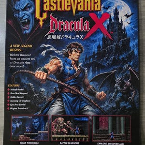 May include: A Castlevania Dracula X video game poster for the PC Engine Super CD-ROM system. The poster features a central illustration of a warrior with a whip, a large vampire face, a dark castle, and three small gameplay screenshots at the bottom.