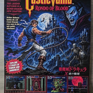 May include: A Castlevania Rondo of Blood video game poster for the PC Engine Super CD-ROM system. The artwork features Richter Belmont wielding a whip against a gothic castle, a full moon, and Count Dracula. Includes four game screenshots.