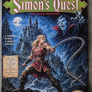 May include: A Castlevania II Simon's Quest video game box art poster featuring a blonde warrior in red armor wielding a spiked whip. A large vampire looms in the background above a dark castle under a full moon. Text includes The Legacy Continues.