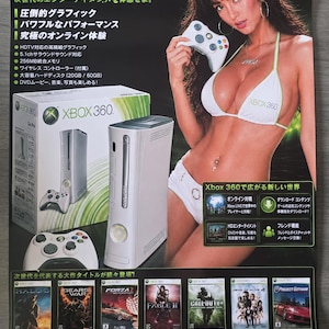 May include: A promotional poster for the Xbox 360 console featuring a white game controller, the console unit, and various game titles including Halo 3, Gears of War, Forza Motorsport 2, Fable II, Call of Duty 4, Dead or Alive 4, and Project Gotham Racing 3.