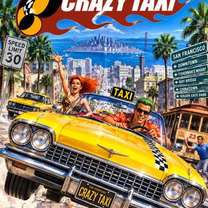 Op de afbeelding: Een videogamehoes voor Crazy Taxi met een gele cabriolet-taxi die in de lucht springt. De scène bevat een bestuurder en passagier, een stadsgezicht met een brug, een snelheidslimietbord, een wegwijzer en de Dreamcast- en Sega-logo's.