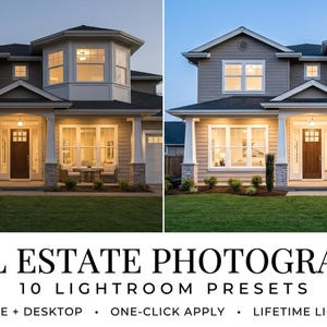 May include: Image comparison of a house before and after real estate photography editing. The house is two-story with a gray exterior, white trim, and a well-manicured lawn. Text at the bottom reads "REAL ESTATE PHOTOGRAPHY" and "10 LIGHTROOM PRESETS".