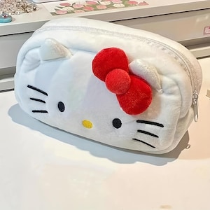 Sanrio Hello Kitty Plush make up / Pencil Case White Cat Design with Red Bow, Soft Polyester Zippered Bag