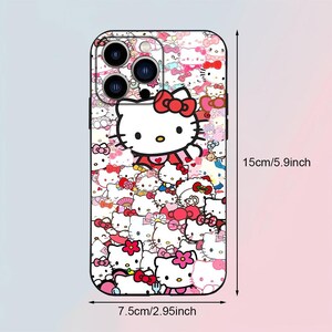 May include: A pink and white phone case with a Hello Kitty design. The case is covered in Hello Kitty characters and features a large Hello Kitty in the center. The case measures 5.9 inches tall and 2.95 inches wide.