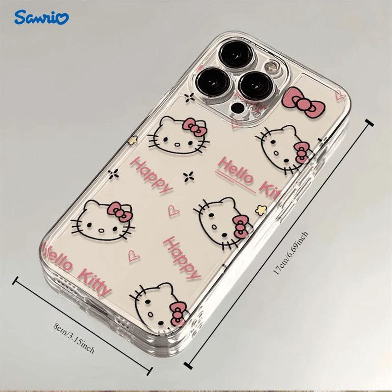 May include: Clear phone case featuring a Hello Kitty design with pink bows and the words "Happy" and "Hello Kitty." The case measures 6.69 inches (17cm) in height and 3.15 inches (8cm) in width. The Sanrio logo is visible in the top left corner.