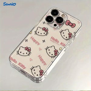 May include: Clear phone case featuring a repeating pattern of Hello Kitty faces with pink bows, the word "Happy", and the words "Hello Kitty". The case has a clear border and is designed to fit a smartphone.