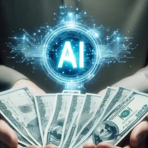 K&ouml;nnte beinhalten: Ein F&auml;cher aus hundert-Dollar-Scheinen, gehalten vor einer leuchtend blauen digitalen Grafik mit den Buchstaben AI, umgeben von komplexen Leiterplattenmustern und Lichtpartikeln vor einem dunklen Hintergrund.