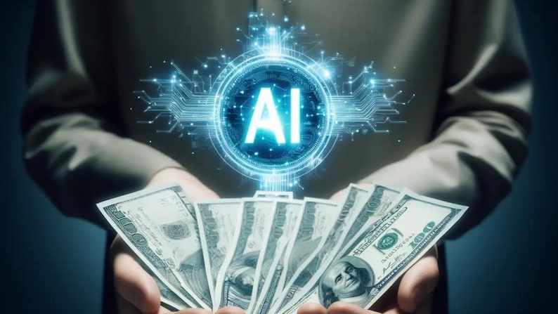 K&ouml;nnte beinhalten: Ein F&auml;cher aus hundert-Dollar-Scheinen, gehalten vor einer leuchtend blauen digitalen Grafik mit den Buchstaben AI, umgeben von komplexen Leiterplattenmustern und Lichtpartikeln vor einem dunklen Hintergrund.