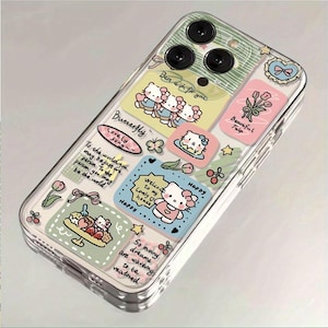 May include: Clear phone case with colorful cartoon stickers. The stickers feature images of Hello Kitty, flowers, and text like "Best wish for you" and "Happy." The case has a clear, transparent design.