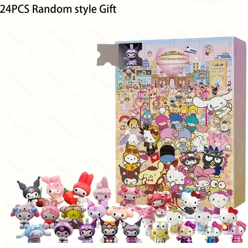 Pu&ograve; includere: Un set di 24 figurine di plastica colorate con personaggi del marchio Sanrio. I personaggi includono Hello Kitty, My Melody e Kuromi. Le figurine sono confezionate in una scatola con un'immagine dei personaggi su di essa. La scatola include anche il testo "Sanrio Character Ranking".