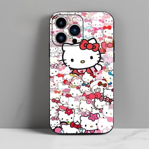 May include: A black phone case with a colorful pattern of Hello Kitty characters. The case features a white Hello Kitty with a red bow and a pink background.
