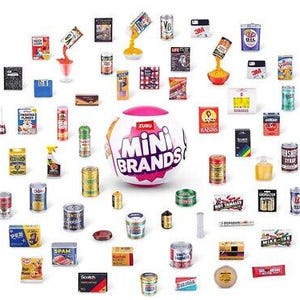 May include: A collection of miniature brand items in a variety of colors and designs. The items are arranged around a large, pink ball with the words "ZURU MINI BRANDS" printed on it. The items include miniature versions of popular brands such as  Frosted Flakes, Spam, and 3M.