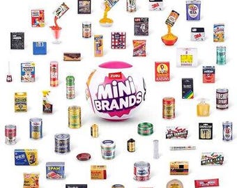 May include: A collection of miniature brand items in a variety of colors and designs. The items are arranged around a large, pink ball with the words "ZURU MINI BRANDS" printed on it. The items include miniature versions of popular brands such as  Frosted Flakes, Spam, and 3M.