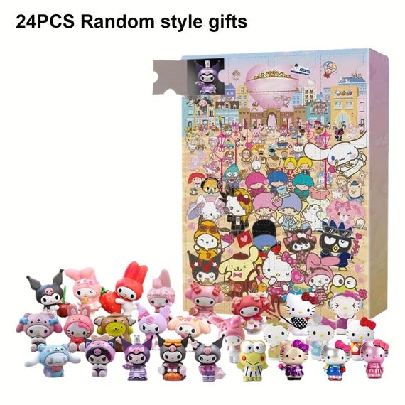 Sanrio Figurines Blind Box, 24 pc Mystery Mini Figure Advent Calendar Set, Licensed Anime Collectible Surprise Gift