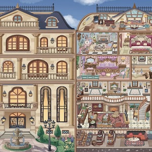 May include: An illustrated cutaway view of a grand mansion, showcasing the exterior and interior. The exterior features a beige facade, arched windows, and a fountain. The interior reveals detailed rooms with furniture and decor.