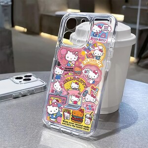 May include: Clear phone case featuring Hello Kitty graphics. The case has a pink and yellow background with various Hello Kitty illustrations, food, and text. The text includes "HELLO KITTY", "SHARIN HEARTS", and "POP CORN". The case is designed to fit a phone.