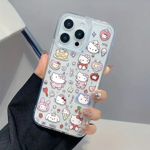 May include: Clear phone case with a variety of colorful Hello Kitty character graphics. The case features multiple images of Hello Kitty in different outfits, along with other cute illustrations like desserts and flowers.