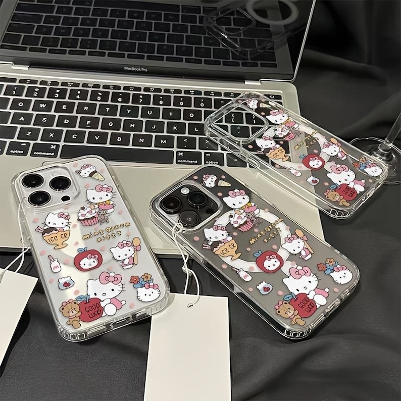 May include: Clear phone cases with a Hello Kitty design. The cases feature illustrations of Hello Kitty with desserts, apples, and the text "Mint Queen Kitty" and "Ice CR".