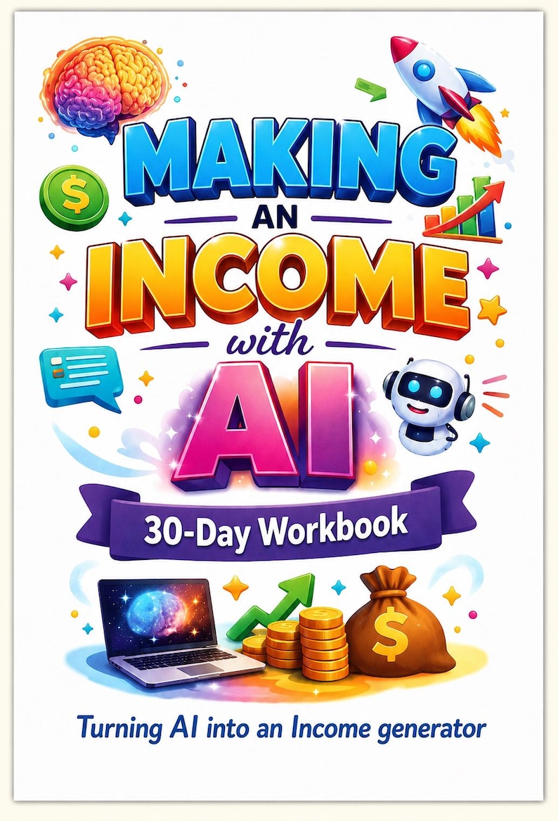 K&ouml;nnte beinhalten: Ein Buchcover mit dem Titel Making an Income with AI 30-Day Workbook, Turning AI into an Income generator. Das Design zeigt ein buntes Gehirn, eine Rakete, einen Roboter, einen Laptop, Goldm&uuml;nzen, einen Geldsack und einen gr&uuml;nen Pfeil auf Wei&szlig;.