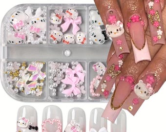 120 piezas de adornos para uñas de Hello Kitty de Sanrio, 3D, de resina con diamantes de imitación, accesorios de anime para manualidades de uñas.