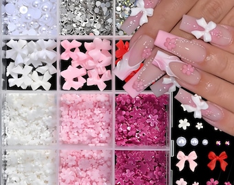 12 cuadrículas, 250 piezas de adornos para uñas con lazos de flores, rosas, blancos y rojos, con forma de corazón, adornos de flores 3D, diamantes de imitación y resina para manualidades de uñas.
