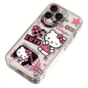 K&ouml;nnte beinhalten: Transparente Handyh&uuml;lle mit Hello Kitty-Grafiken und rosa Akzenten. Die H&uuml;lle zeigt das Wort "CUTE" und andere dekorative Elemente. Die H&uuml;lle ist f&uuml;r ein Smartphone konzipiert und hat ein transparentes Design.