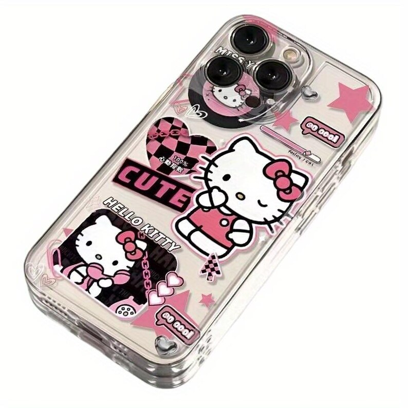 K&ouml;nnte beinhalten: Transparente Handyh&uuml;lle mit Hello Kitty-Grafiken und rosa Akzenten. Die H&uuml;lle zeigt das Wort "CUTE" und andere dekorative Elemente. Die H&uuml;lle ist f&uuml;r ein Smartphone konzipiert und hat ein transparentes Design.