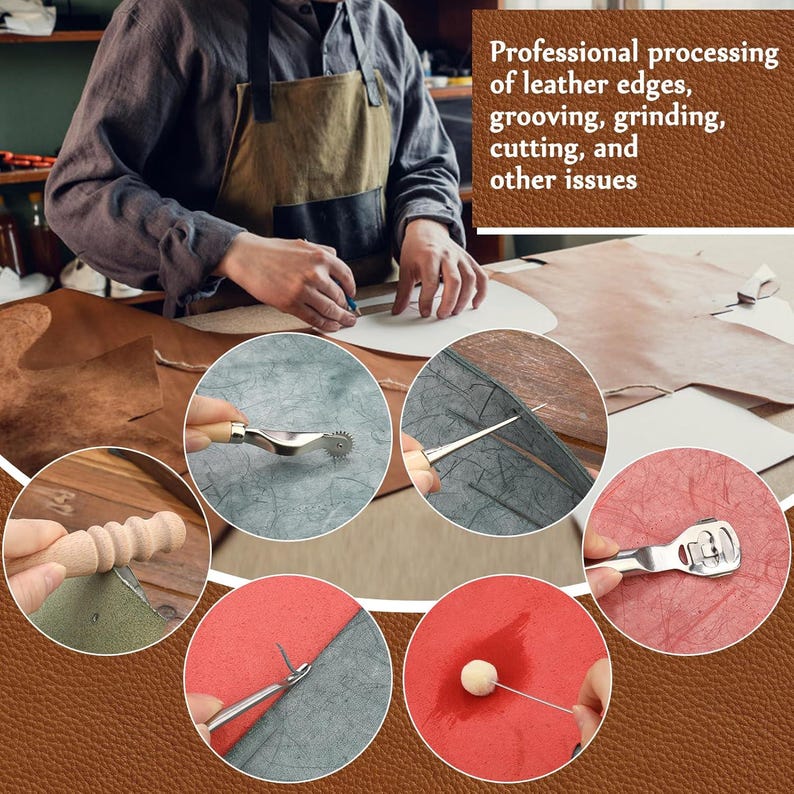 May include: Image showing leather crafting tools and techniques. Close-ups of tools for leather edge processing, including grooving, grinding, and cutting. The text in the image reads: "Professional processing of leather edges, grooving, grinding, cutting, and other issues."