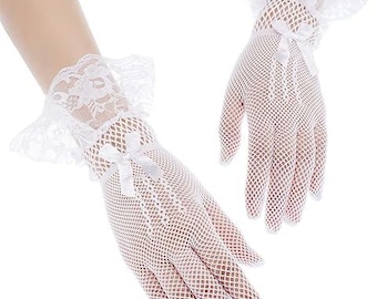 May include: A pair of white fishnet gloves featuring a delicate lace ruffle at the wrist and a small satin bow detail at the base of the fingers. The gloves are constructed from a fine mesh material with a floral lace trim at the cuff edge.