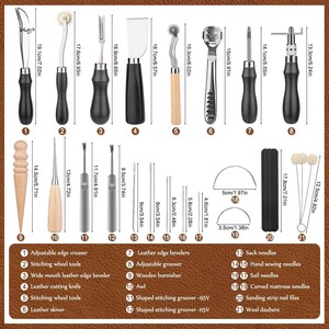 May include: A collection of leathercraft tools, featuring edge creasers, stitching wheels, and knives. The tools have black handles and silver blades, with measurements in cm. Includes needles, files, and wool daubers for leatherworking projects.