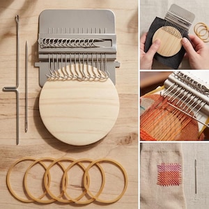 May include: A metal weaving tool set with a wooden base, hooks, and needles. Includes a circular wooden base, metal hooks, and rubber bands. The set is designed for weaving and mending projects. The image also shows a woven patch and a needle.